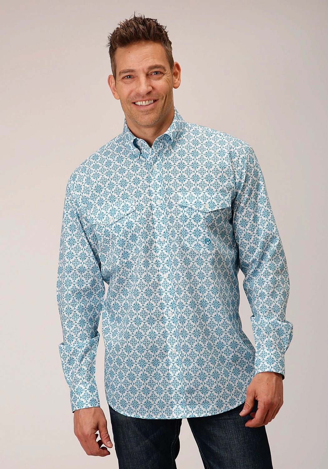 Roper Mens Medallion Turquoise 100% Cotton L/S Shirt Versatile Layering Trend-Driven