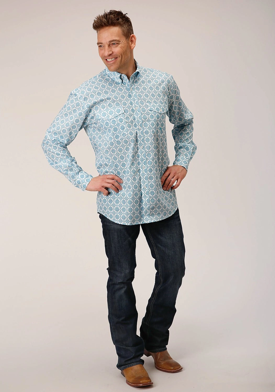 Roper Mens Medallion Turquoise 100% Cotton L/S Shirt family gathering