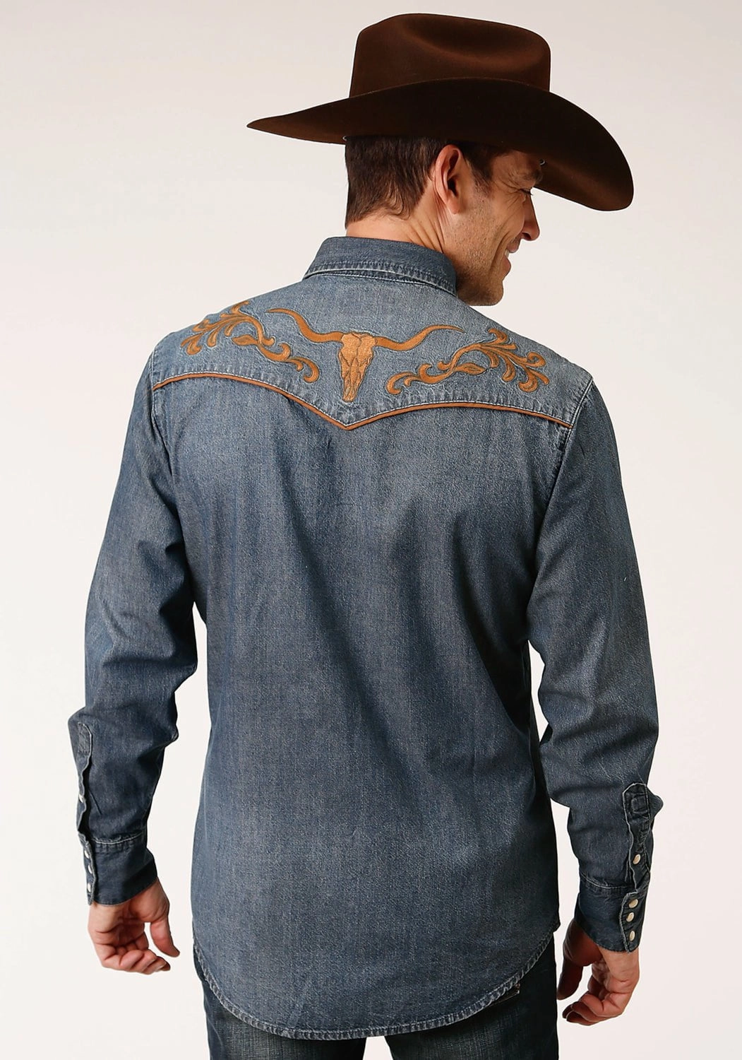 Classic Style Anniversary Special Roper Mens Medium Wash Denim 100% Cotton Longhorns L/S Shirt