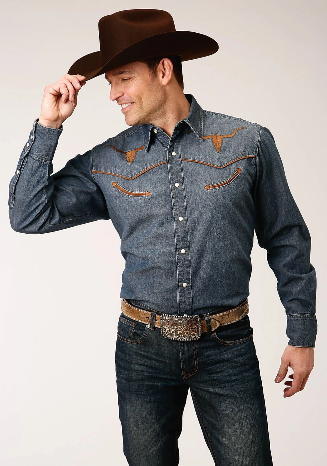 Roper Mens Medium Wash Denim 100% Cotton Longhorns L/S Shirt tailored look Minimalist Closure