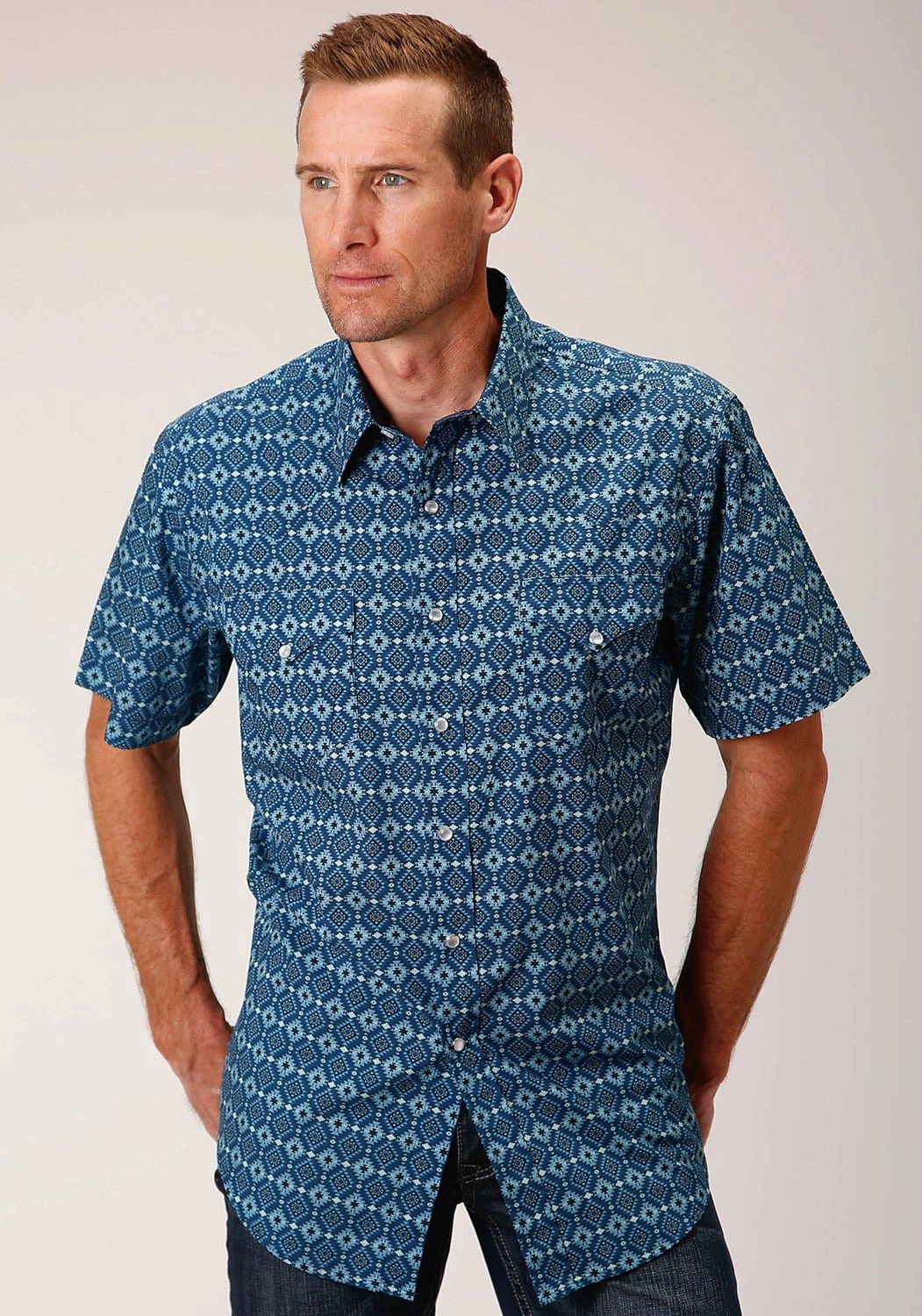 Roper Mens Mini Aztec Blue 100% Cotton S/S Shirt UV Protective Coating
