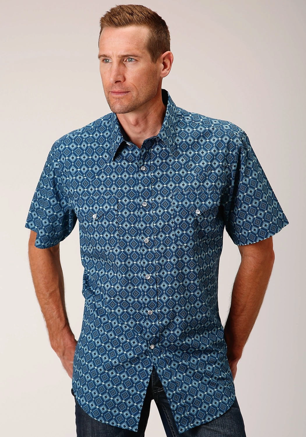 Subtle Details Roper Mens Mini Aztec Blue 100% Cotton S/S Shirt