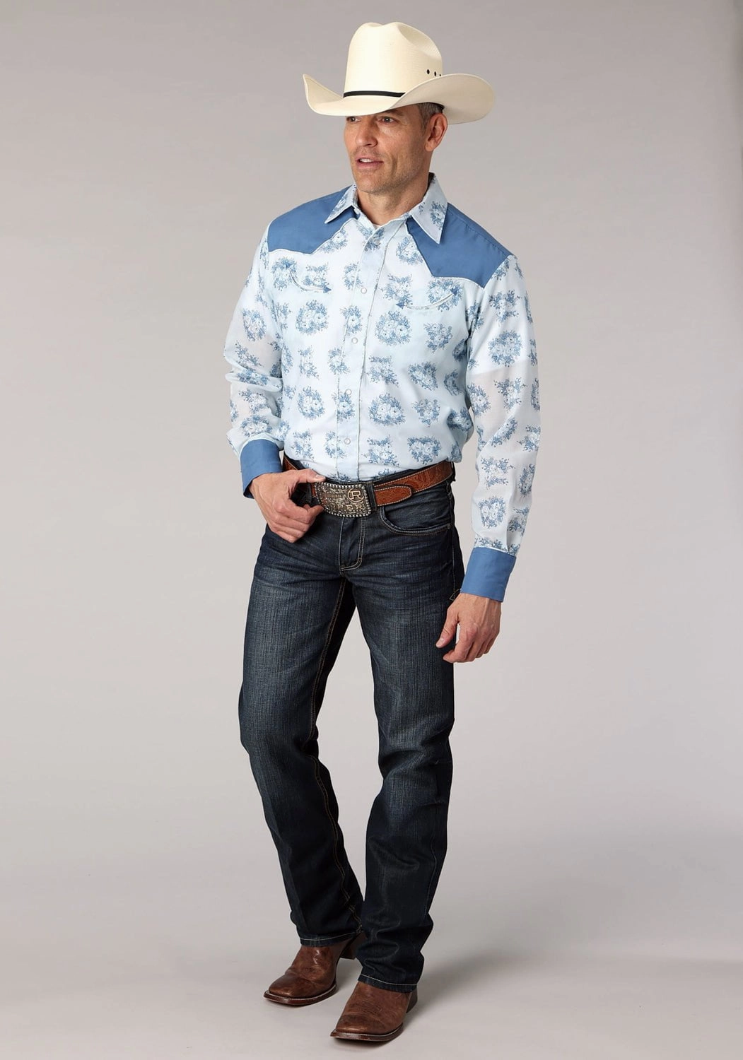tailored look Trendsetting Style Roper Mens Multi Floral Print Blue Cotton Blend L/S Shirt