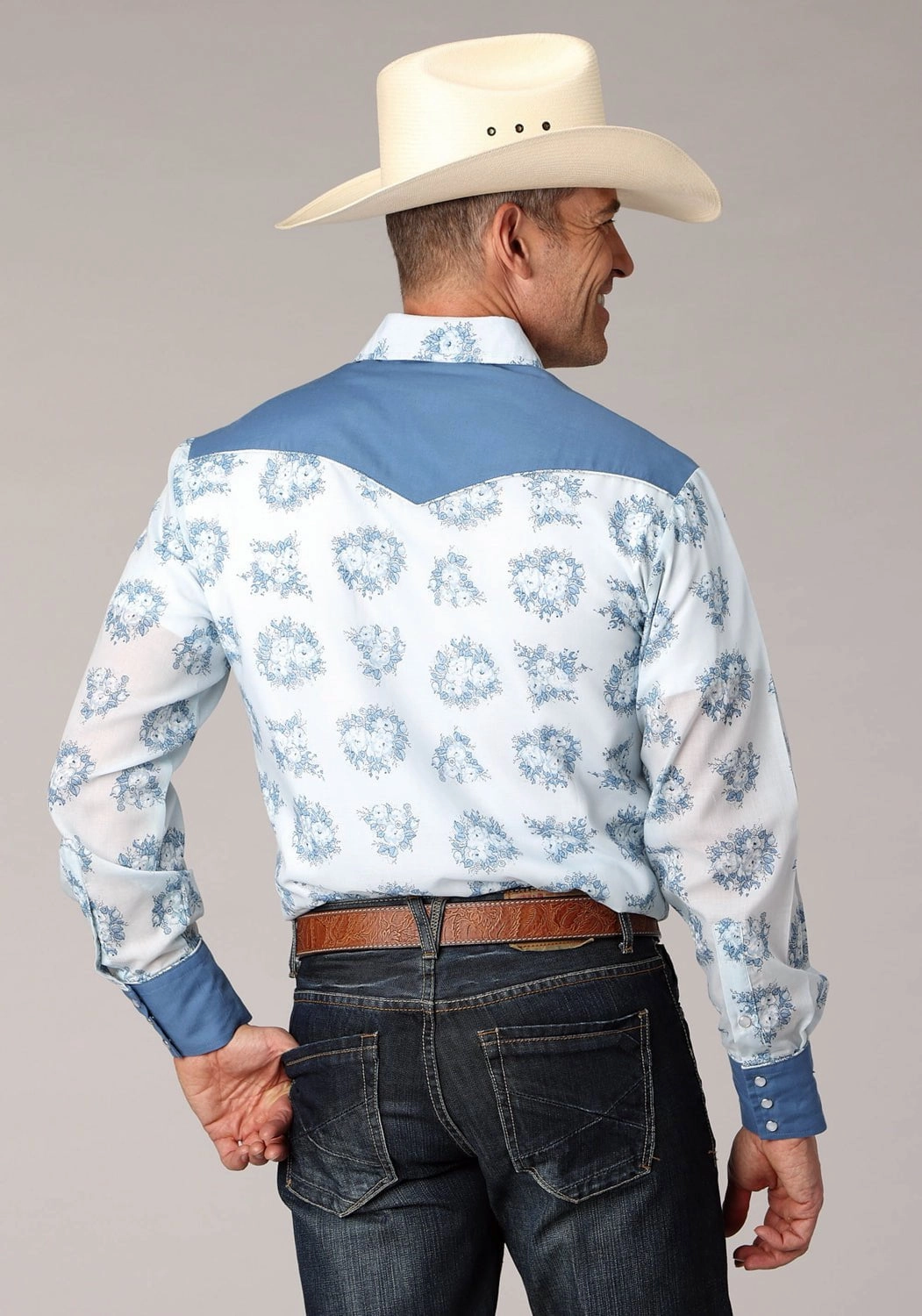 Edgy Design Roper Mens Multi Floral Print Blue Cotton Blend L/S Shirt