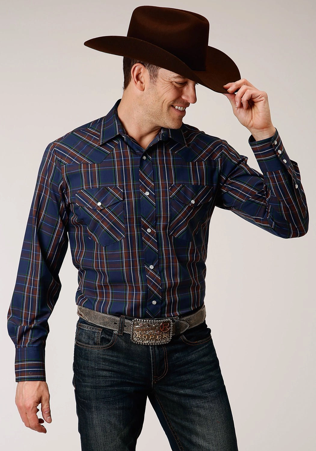 Roper Mens Navy/Brown Cotton Blend Plaid L/S 55/45 Shirt Tailored Style Low Profile Pocket Design