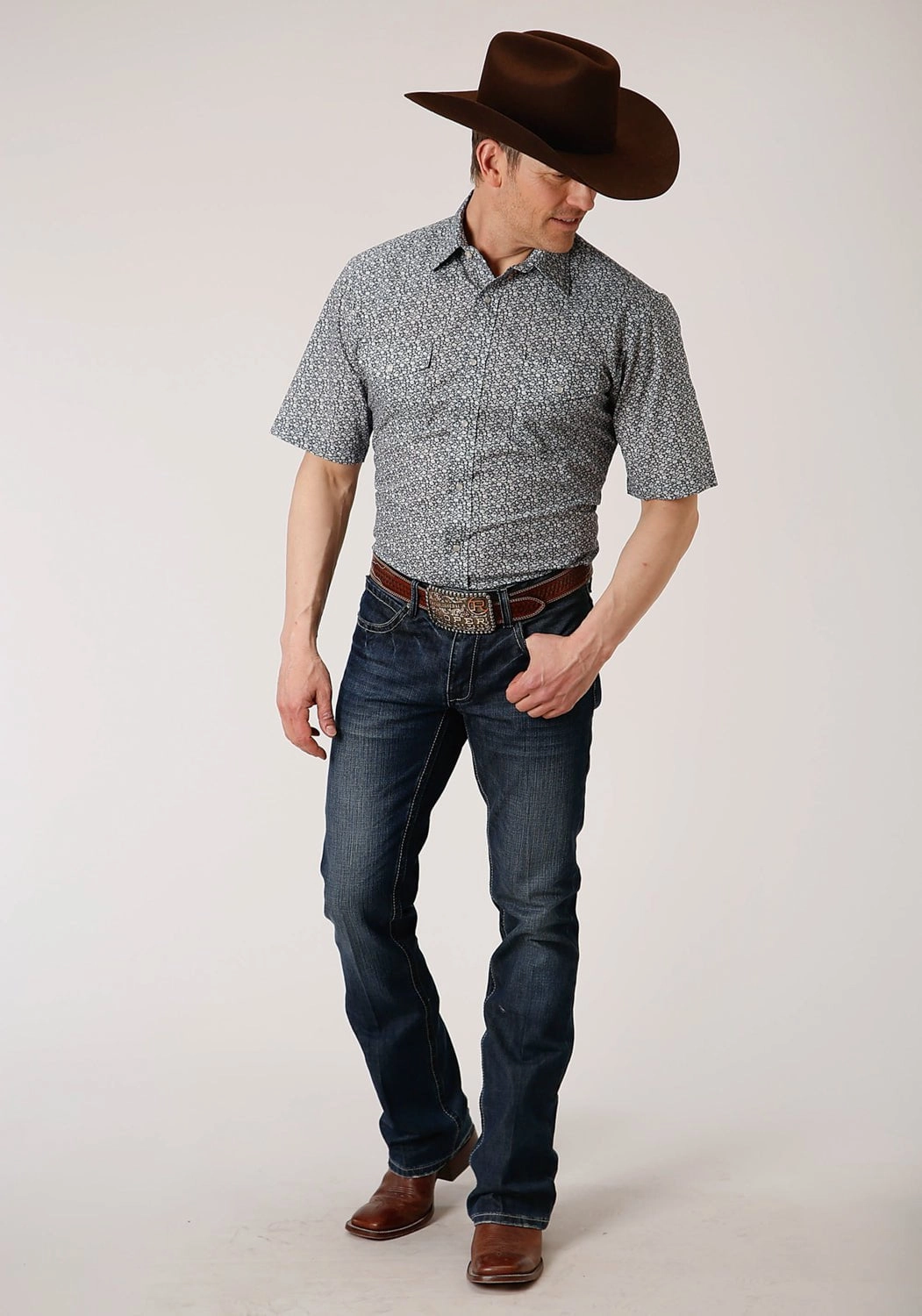 Roper Mens Navy/Cream Cotton Blend Floral S/S Shirt Ombre look