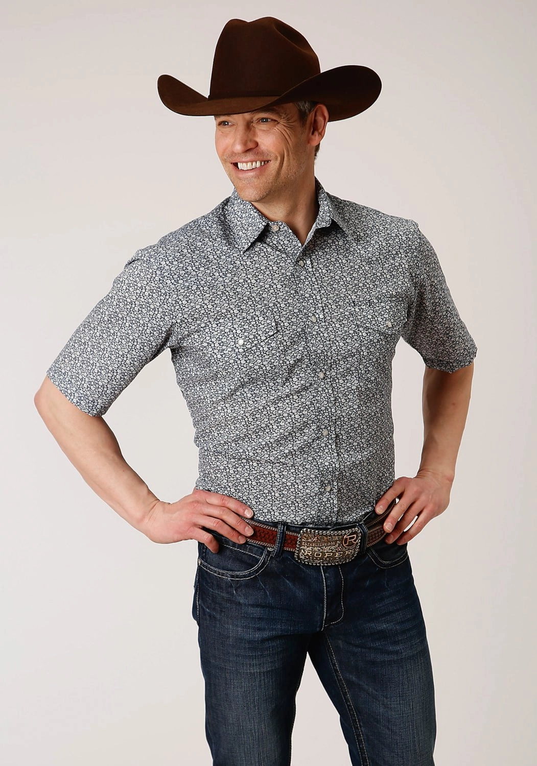 Roper Mens Navy/Cream Cotton Blend Floral S/S Shirt Non Irritating Tags