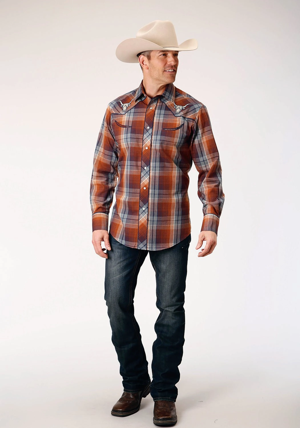 Eco-Friendly Choice Roper Mens Navy Plaid Brown Cotton Blend L/S Shirt