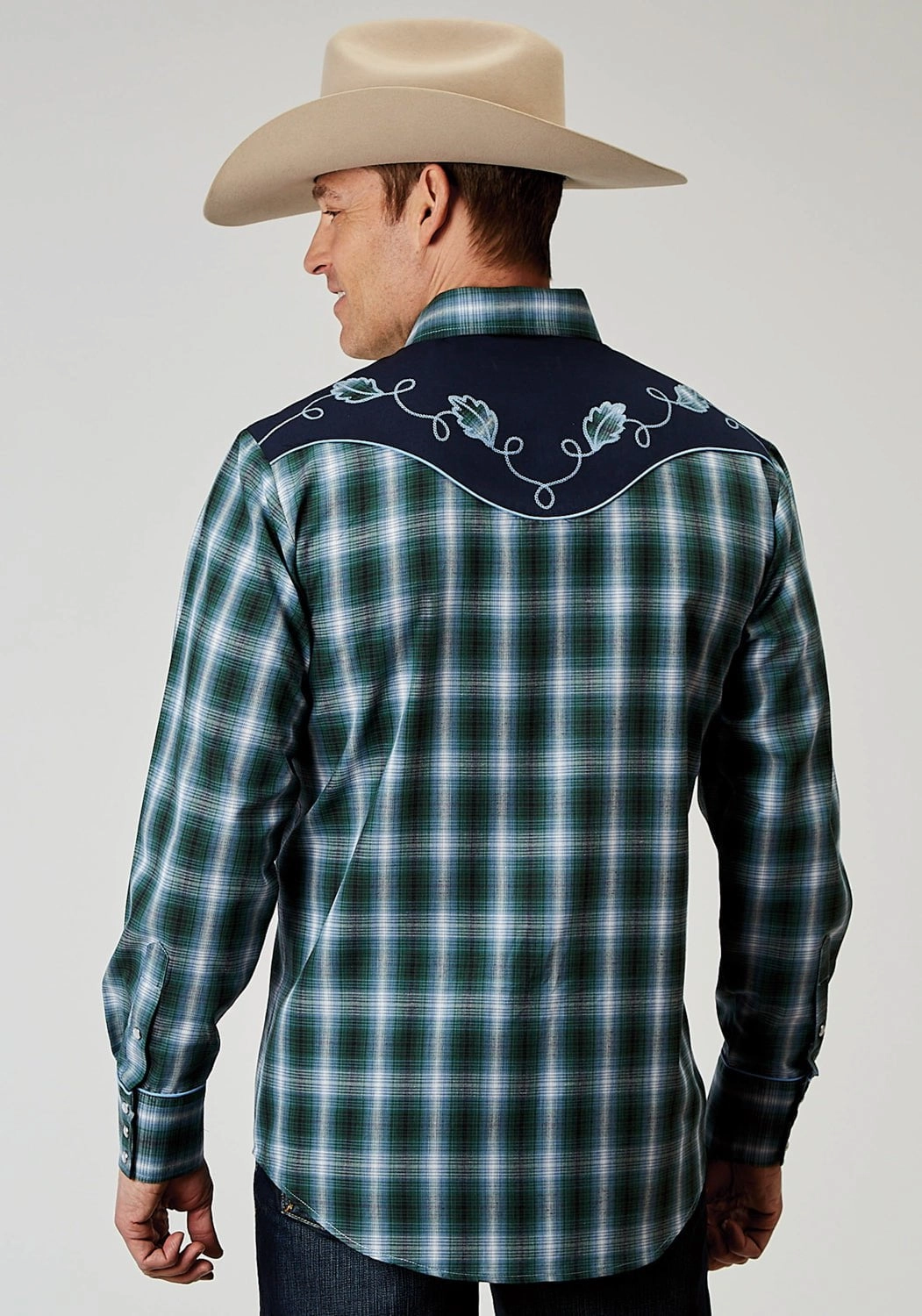 Festival Fashion Country Charm Roper Mens Ocean Plaid Fancy Blue Cotton Blend L/S Shirt