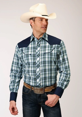 Comfort Stretch Roper Mens Olive/Cream Cotton Blend Retro Fancy L/S Shirt