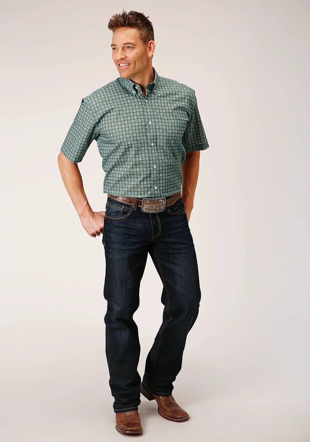 Bamboo Fiber Blend Roper Mens Olive Foulard Green 100% Cotton S/S Shirt