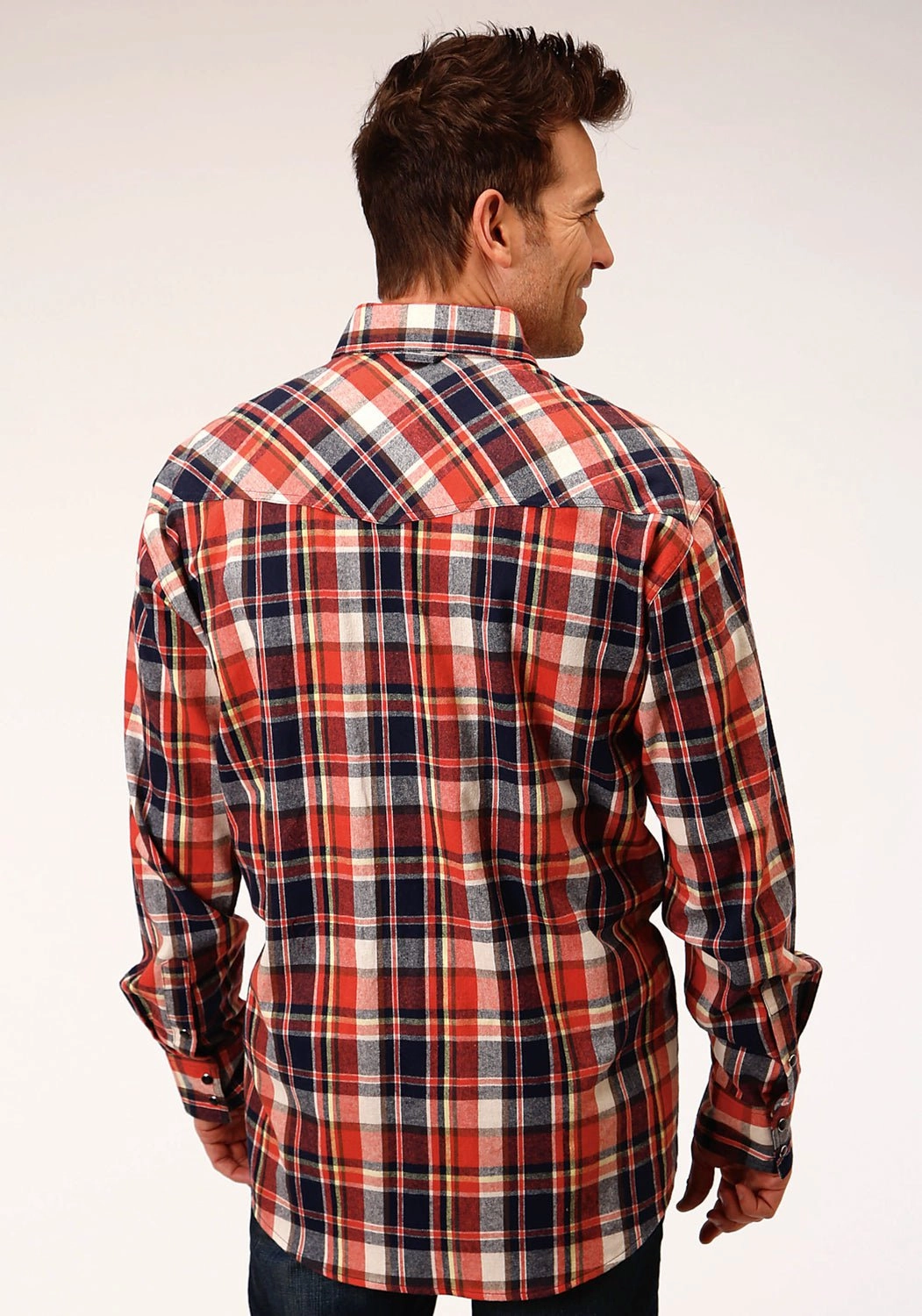 Edgy style Cuffed hem Roper Mens Orange/Navy 100% Cotton Unlined Flannel Plaid L/S Shirt