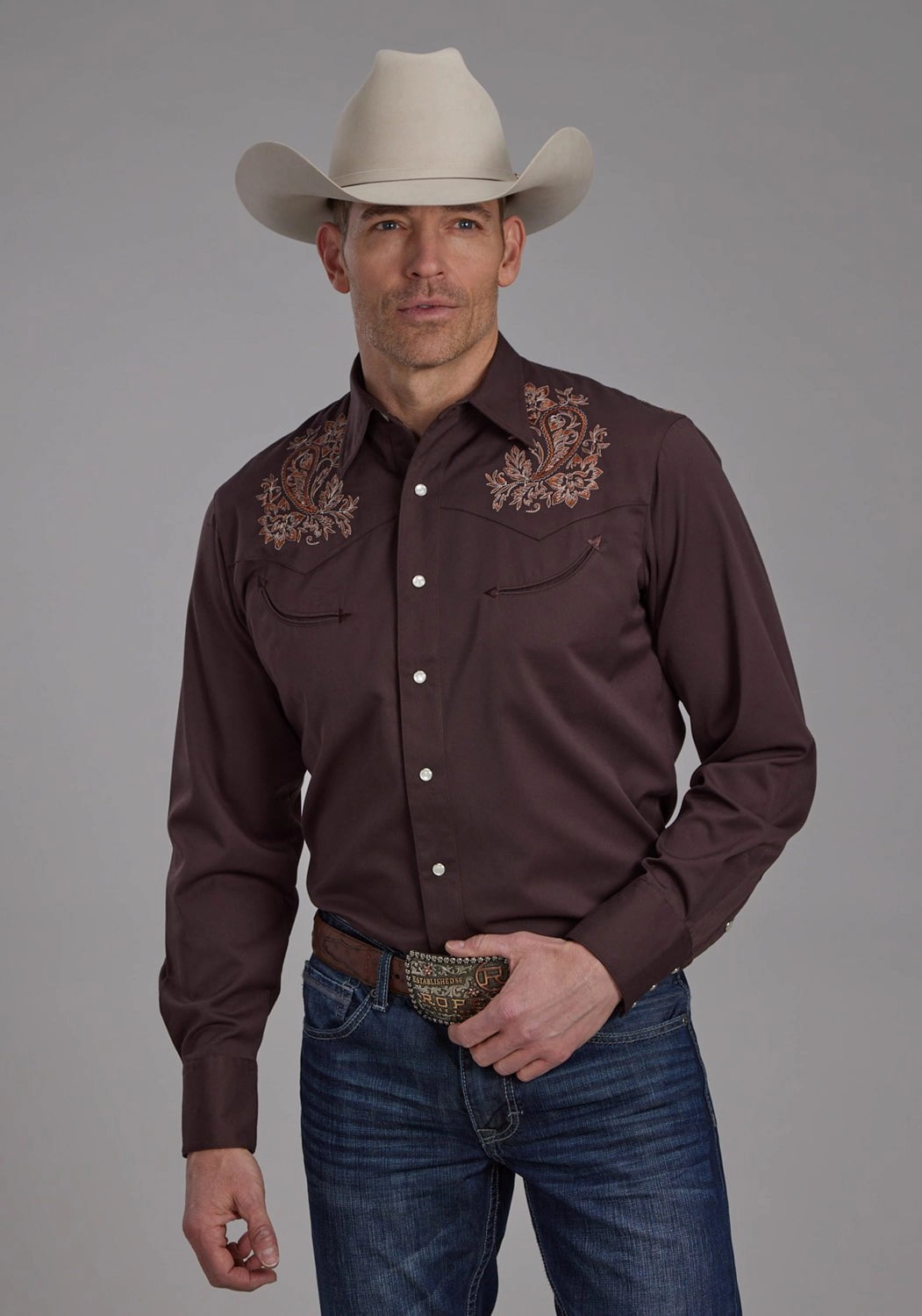 Roper Mens Paisley Western Brown Poly/Rayon L/S Shirt Sports Ready