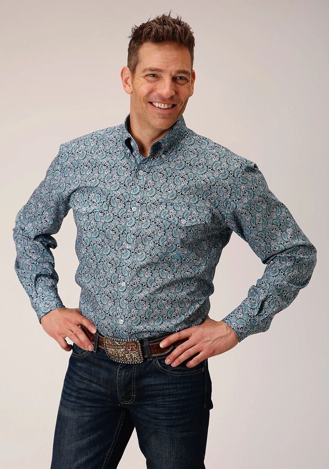 Moisture Management Tech Roper Mens Peacock Paisley Blue 100% Cotton L/S Shirt