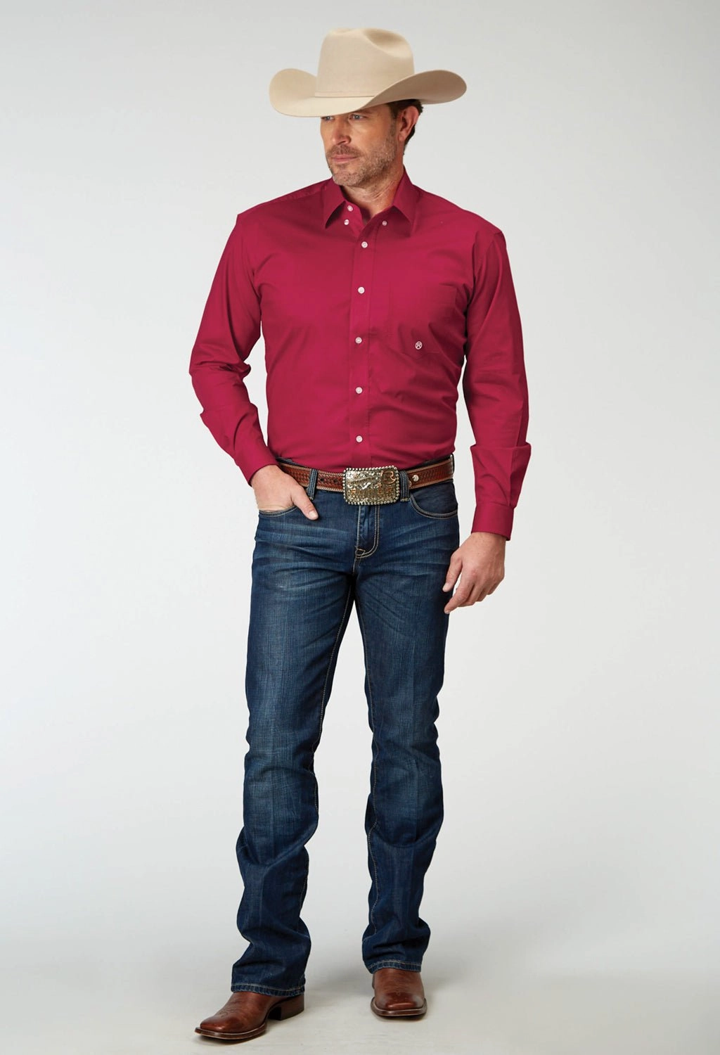 Cocktail Event Outdoor Adventure Roper Mens Poplin Stretch Red Cotton Blend L/S Shirt