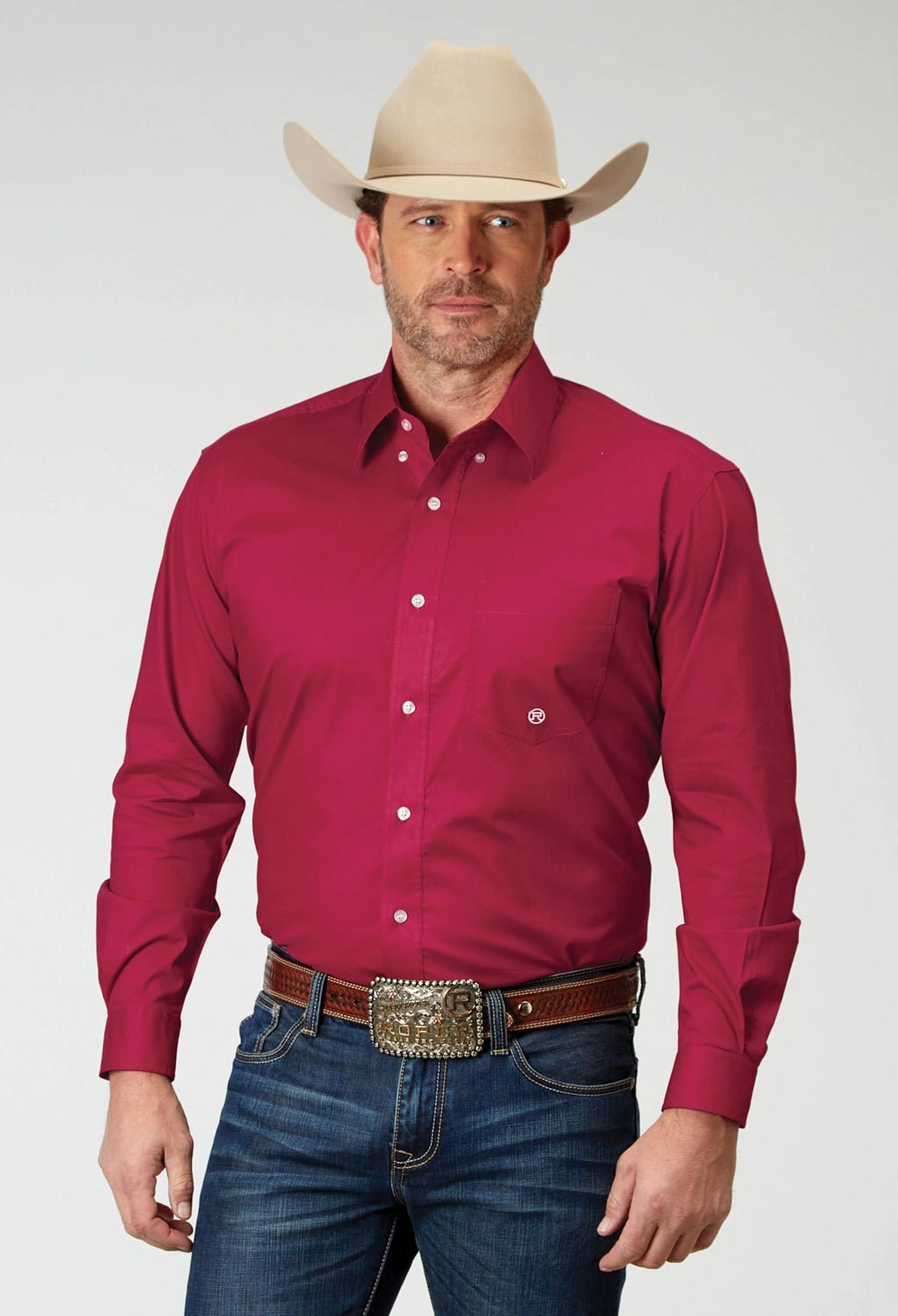 Unisex style All-day Comfort Roper Mens Poplin Stretch Red Cotton Blend L/S Shirt