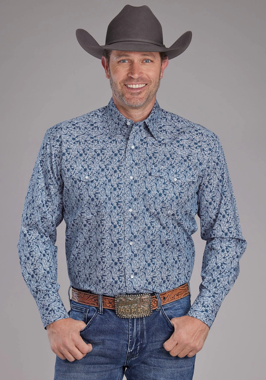 Roper Mens Prairie Paisley Blue 100% Cotton L/S Shirt Non Iron Material Military Inspired