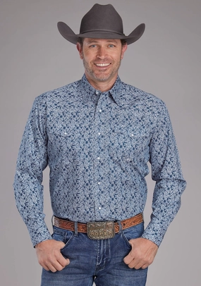 Roper Mens Prairie Paisley Blue 100% Cotton L/S Shirt Non Iron Material Military Inspired