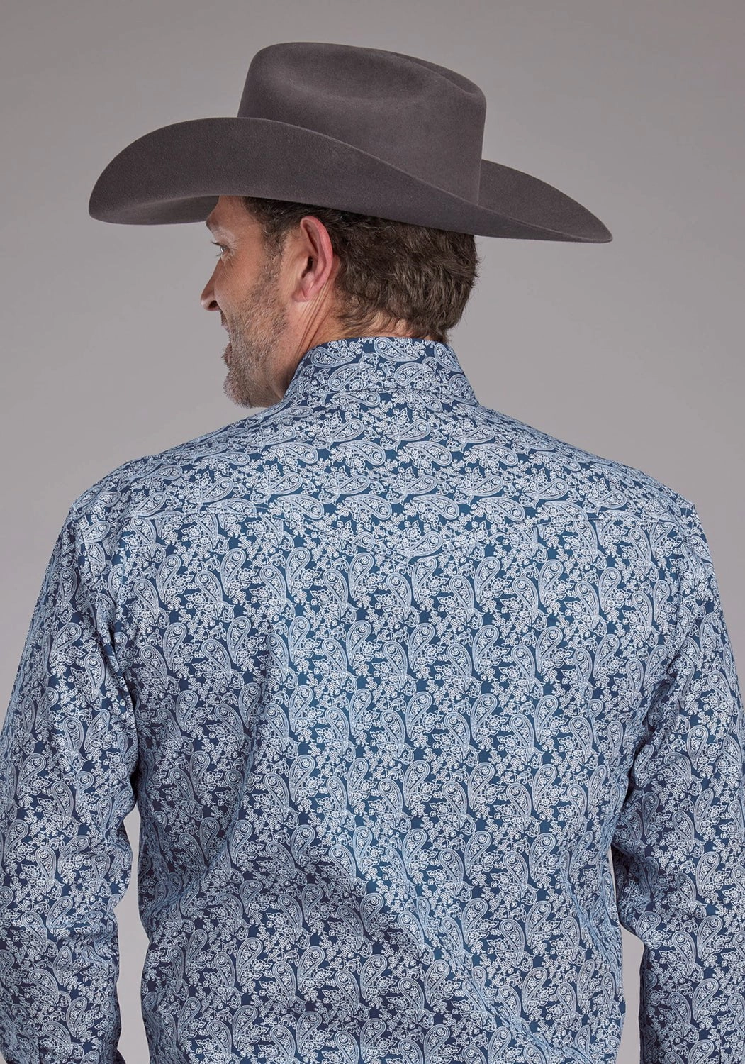 Roper Mens Prairie Paisley Blue 100% Cotton L/S Shirt V-Neck Wrinkle Resistant Finish