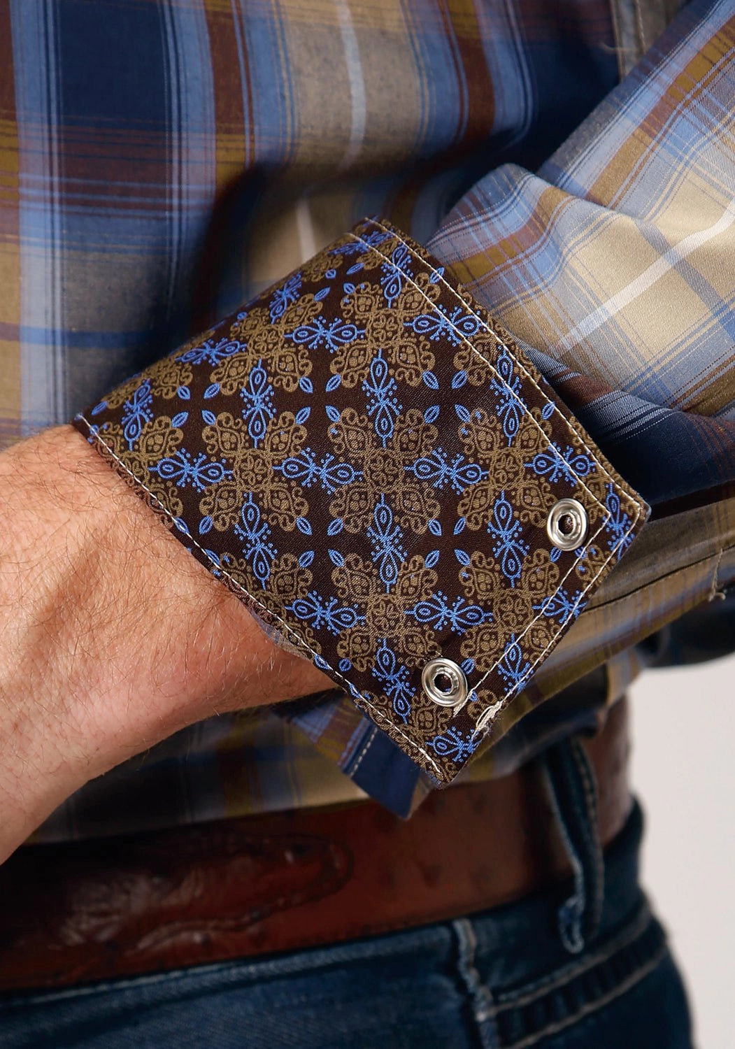 Roper Mens Ranch Plaid Brown 100% Cotton L/S Shirt UV Protective Coating Creative Professional