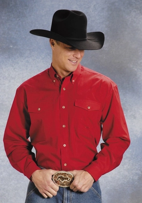 Roper Mens Red 100% Cotton L/S Button Down Solid Poplin Western Shirt Non Chafe Seams
