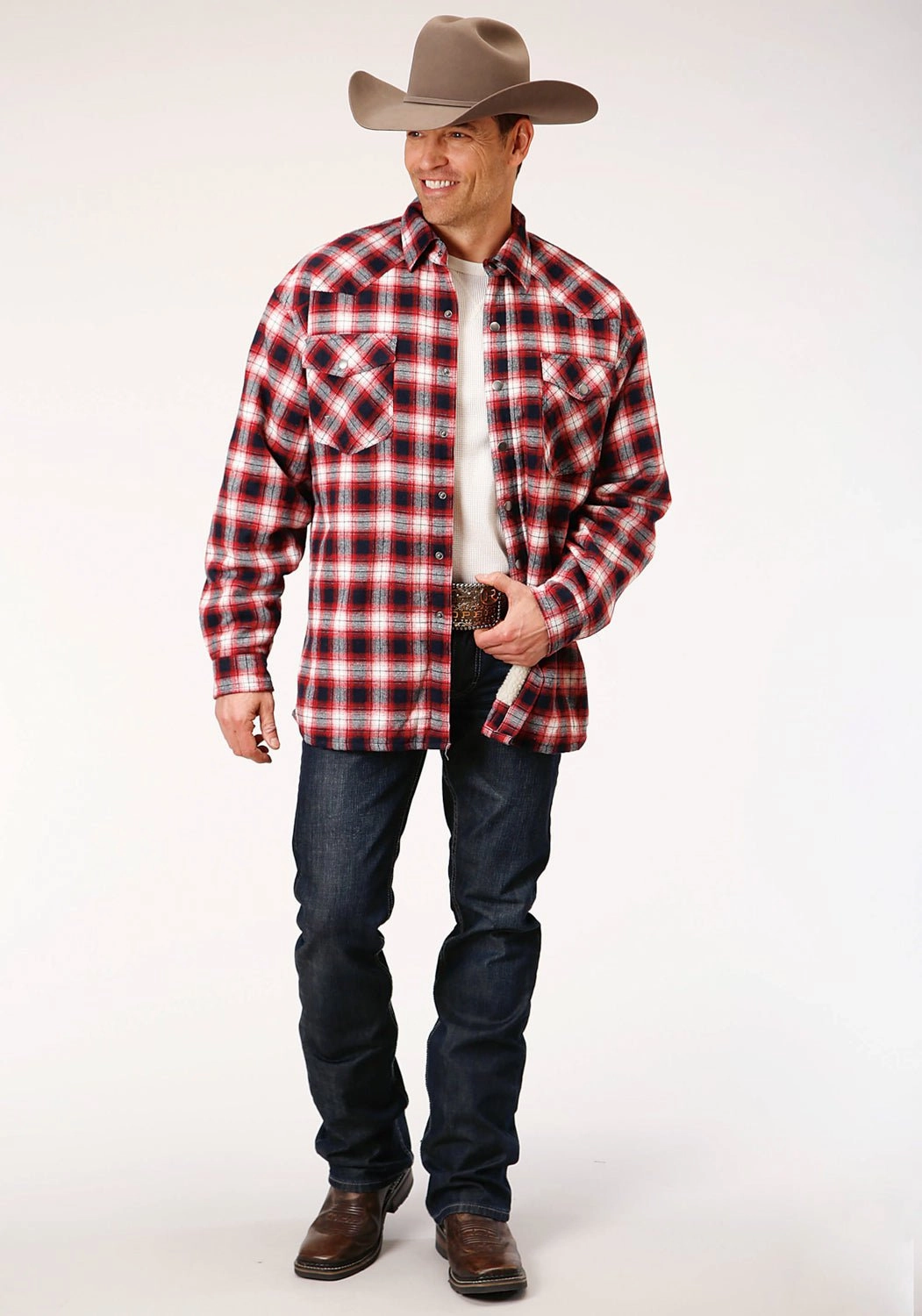 Sporty Look Roper Mens Red 100% Cotton Sherpa Flannel Plaid L/S Shirt