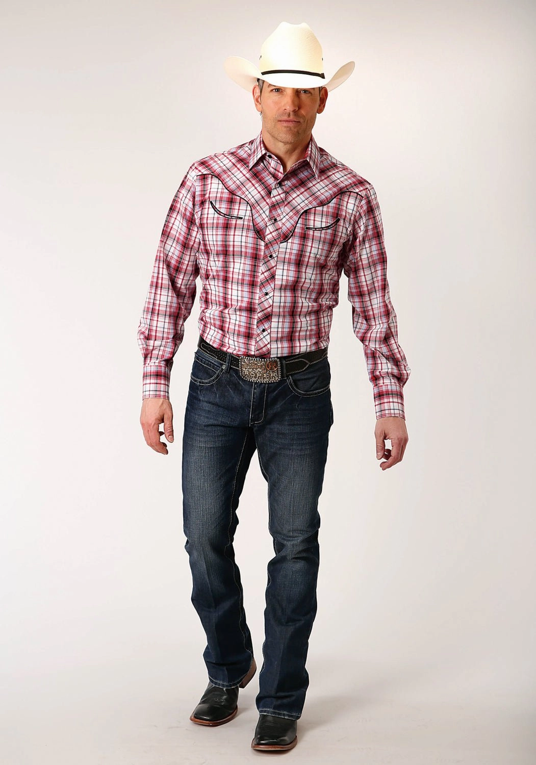 Versatile Layering Roper Mens Red Cotton Blend Plaid L/S Leafs Shirt