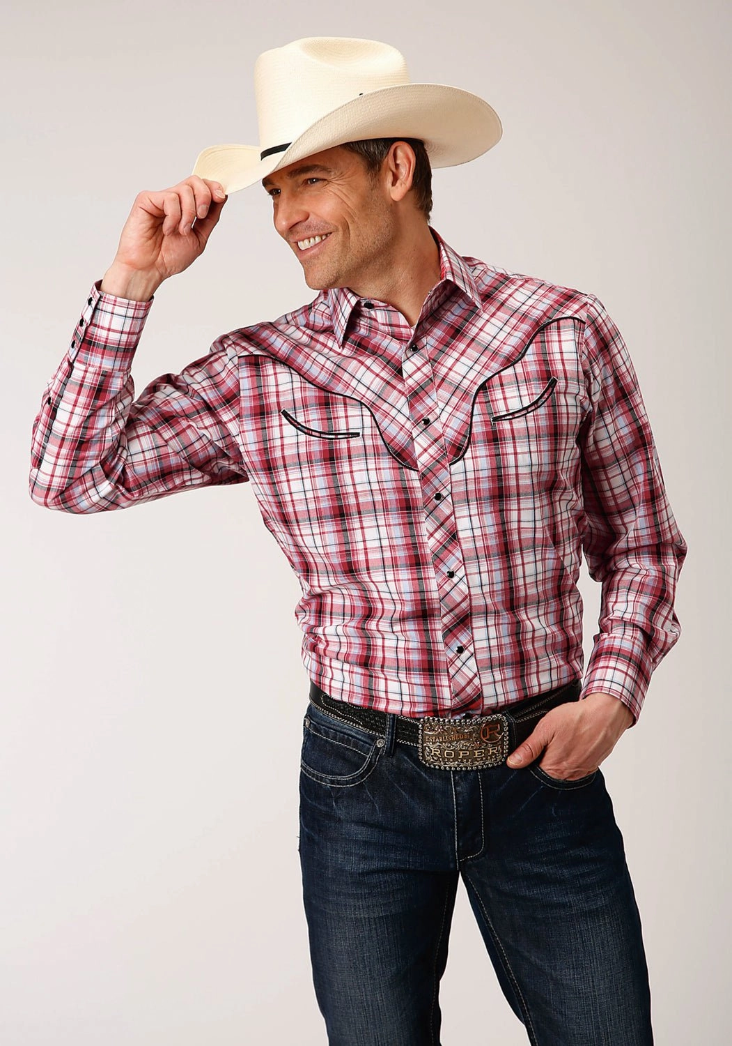 Night Out Roper Mens Red Cotton Blend Plaid L/S Leafs Shirt