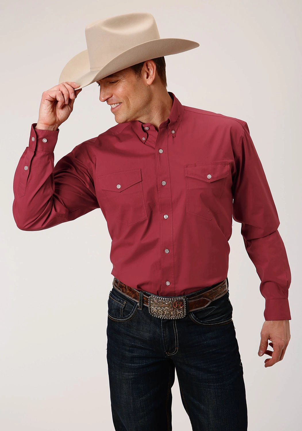 Roper Mens Red Cotton Blend Stretch Poplin BD L/S Btn Shirt shopping spree Pocket Detailing
