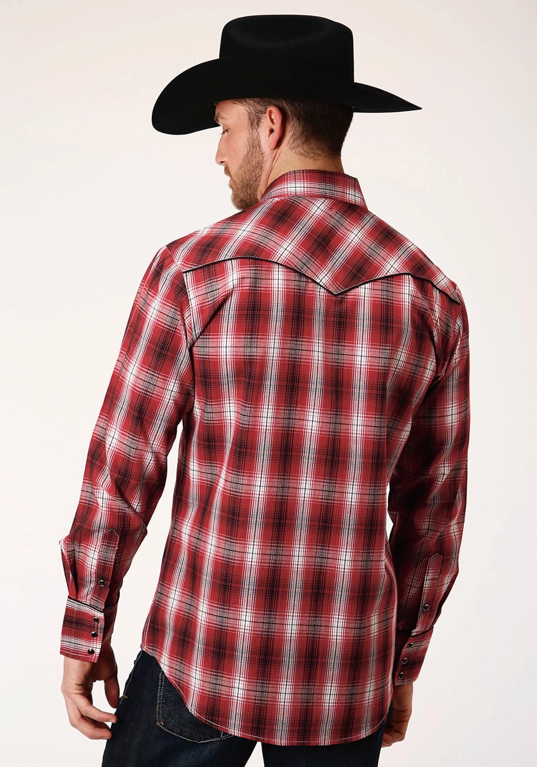 Roper Mens Red/White Cotton Blend Piped Yoke L/S Shirt Yoke Design Flexible Shoulder Construction
