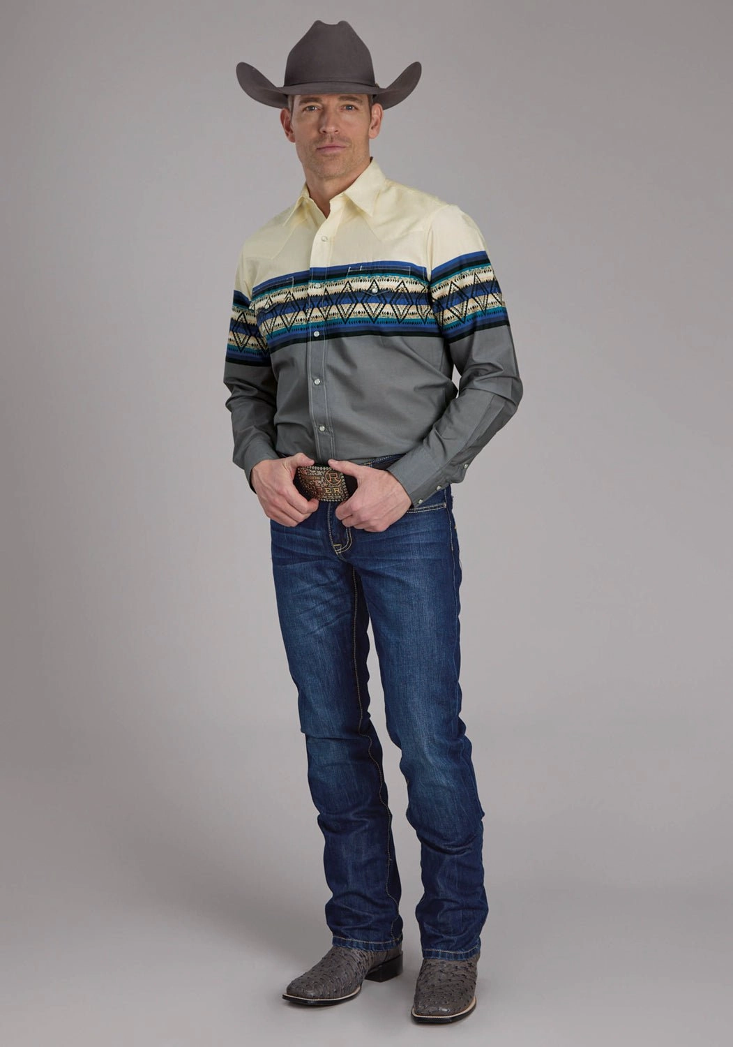 Metallic Finish Corporate Wear Roper Mens Retro Diamond Border Blue 100% Cotton L/S Shirt