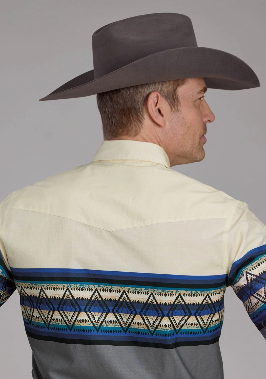 Trendy Vibes Roper Mens Retro Diamond Border Blue 100% Cotton L/S Shirt