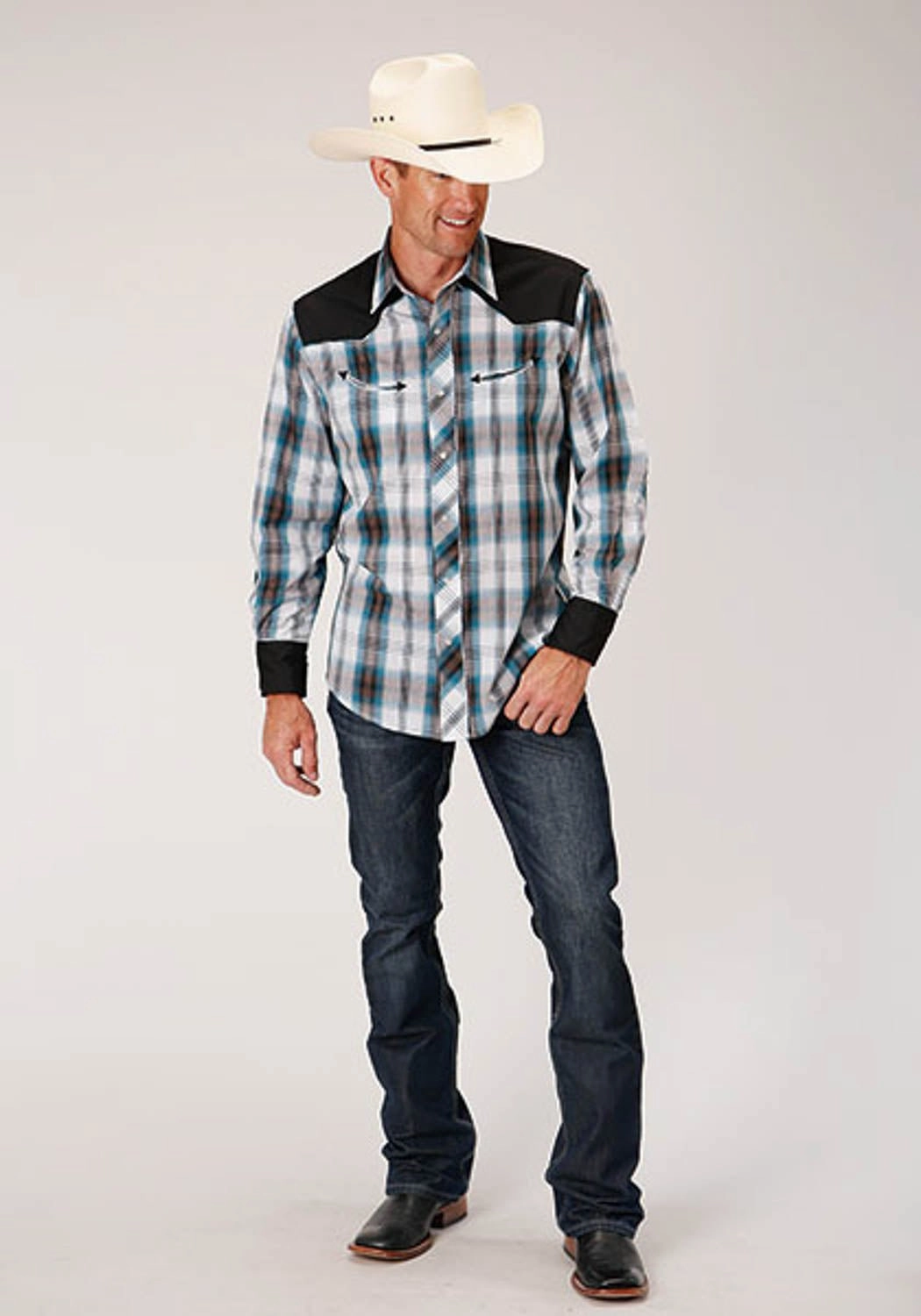 gender-neutral Roper Mens Retro Peacock Plaid Blue/White Cotton Blend L/S Shirt