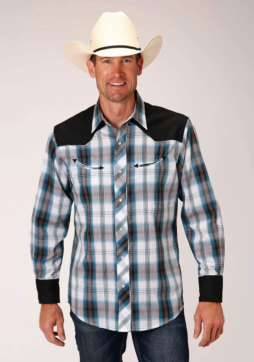 birthday celebration Party Ready Roper Mens Retro Peacock Plaid Blue/White Cotton Blend L/S Shirt