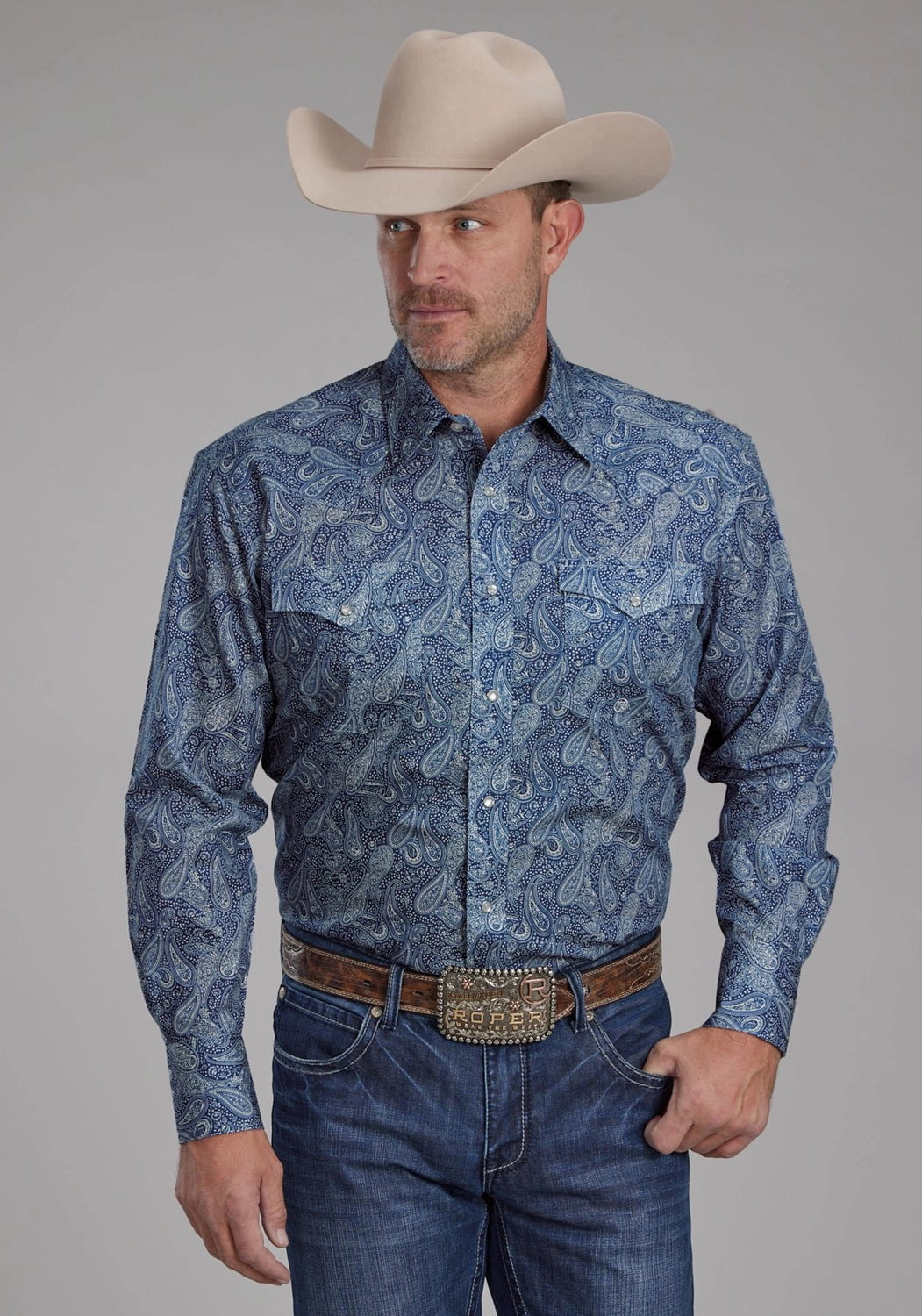 Roper Mens River Paisley Blue 100% Cotton L/S Shirt Checkered Style