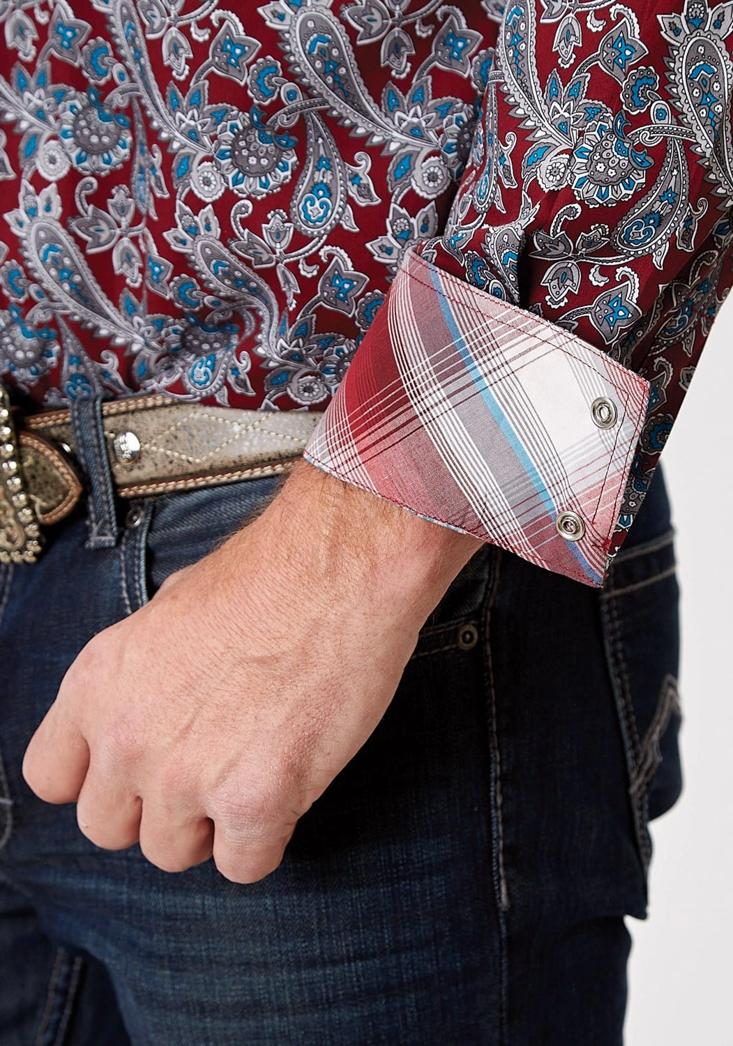 Roper Mens River Paisley Red 100% Cotton L/S Shirt Ribbed Trim