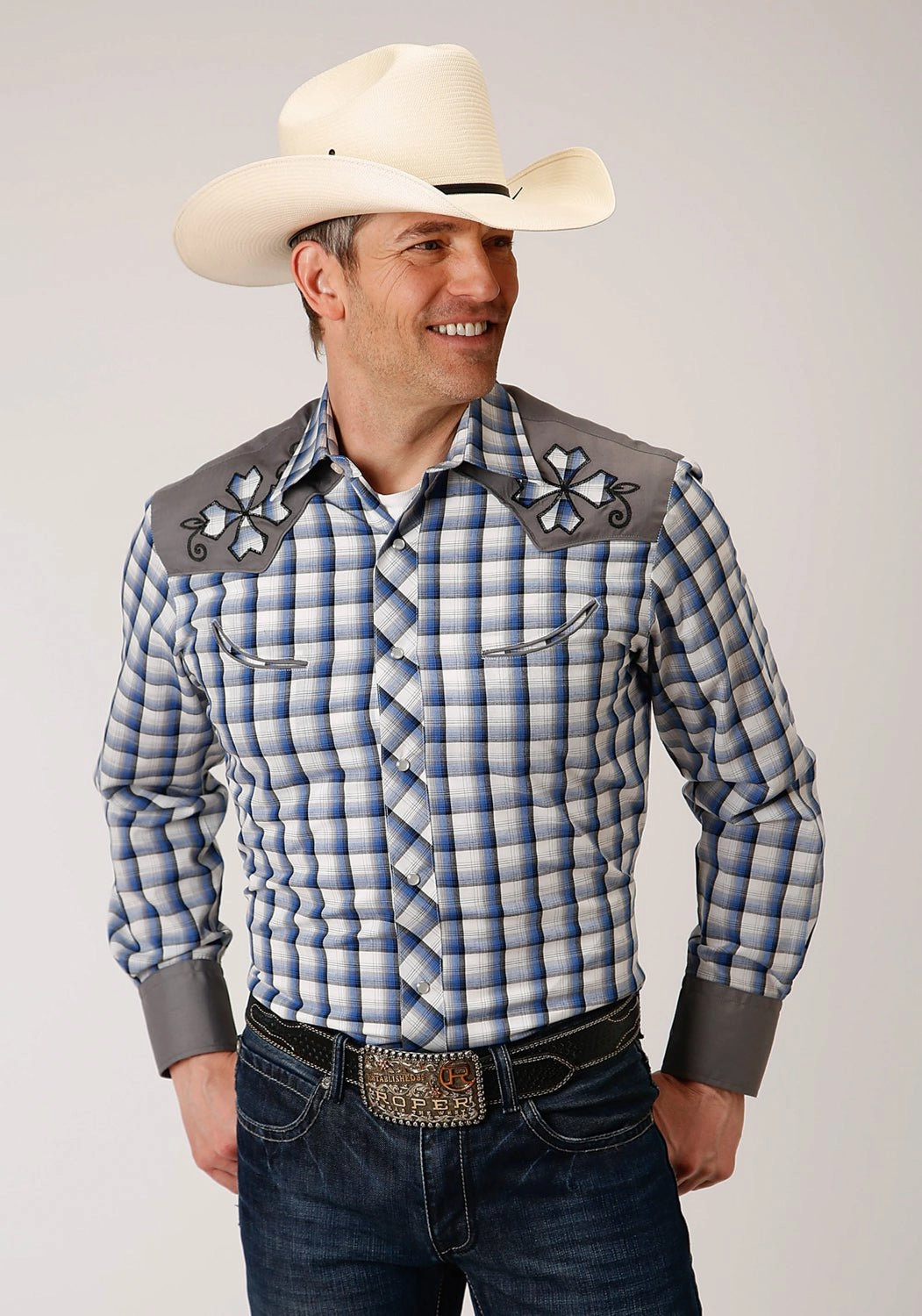 Roper Mens Royal/Grey Cotton Blend Plaid L/S Applique Shirt All day wearability Casual Comfort