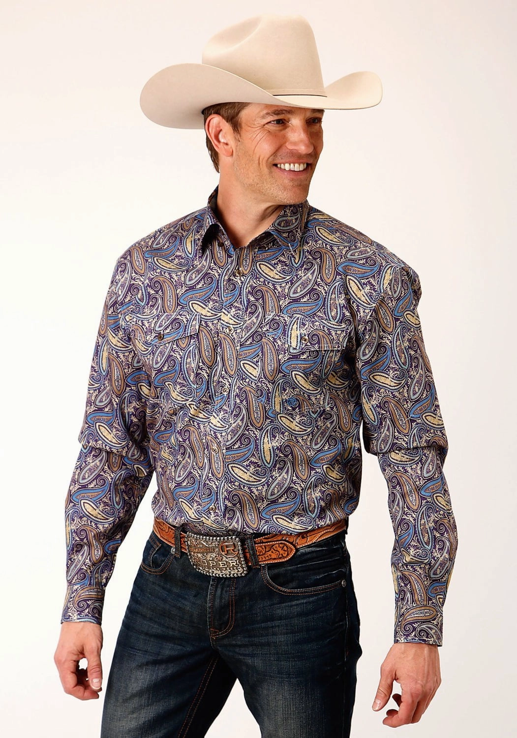 Abstract print Roper Mens Royal Paisley Multi-Color 100% Cotton L/S Shirt