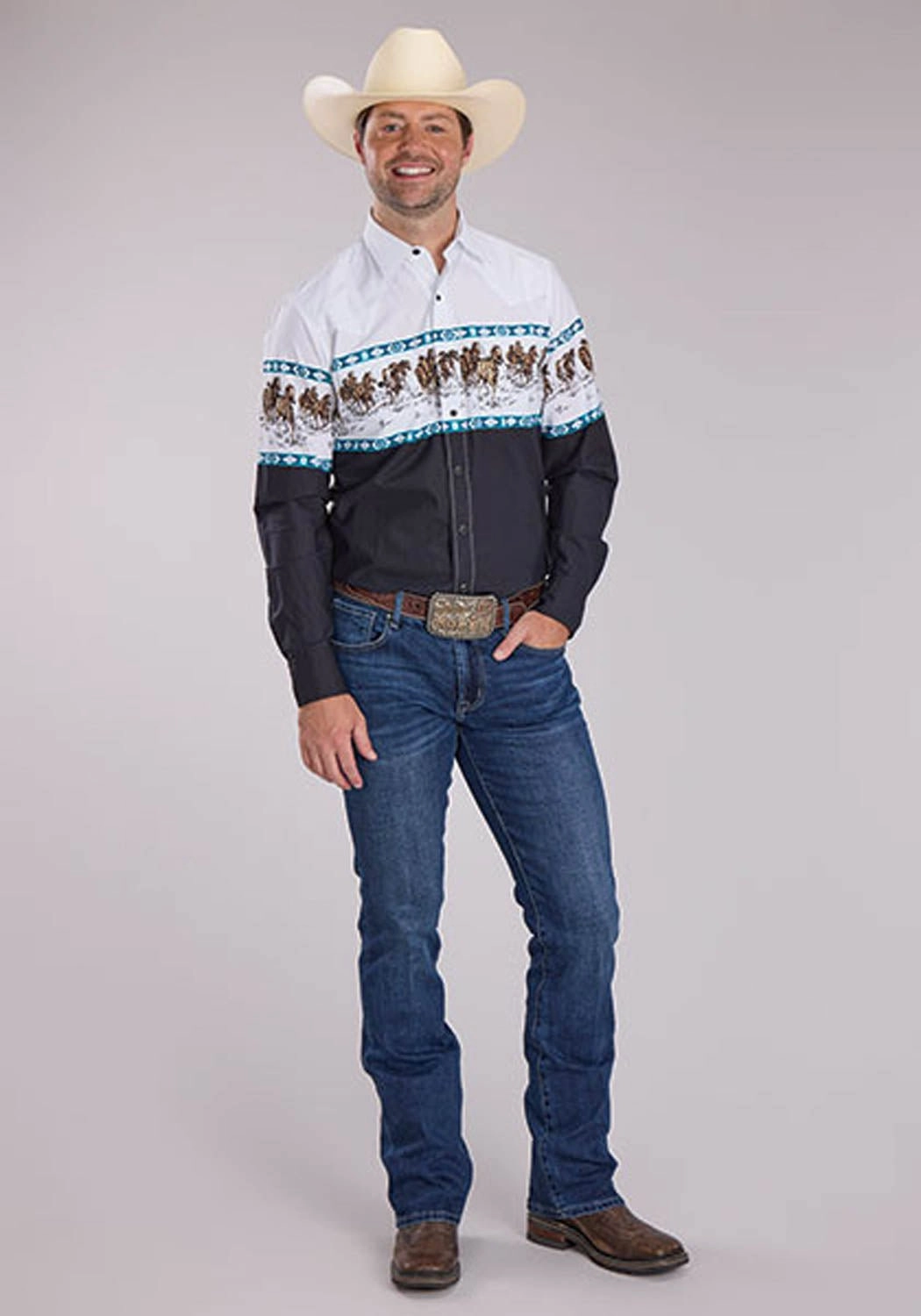 Roper Mens Running Horse Border Black 100% Cotton L/S Shirt Minimalist fashion Effortless Style