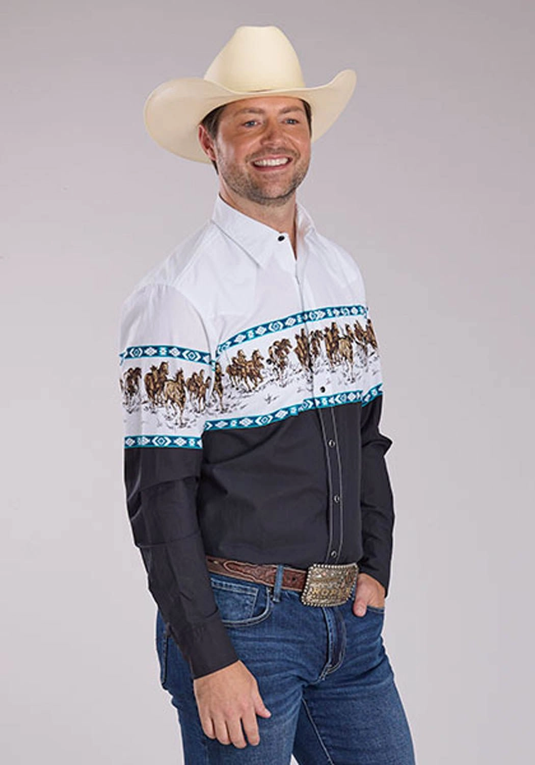 Spring Collection Non Static Finish Roper Mens Running Horse Border Black 100% Cotton L/S Shirt