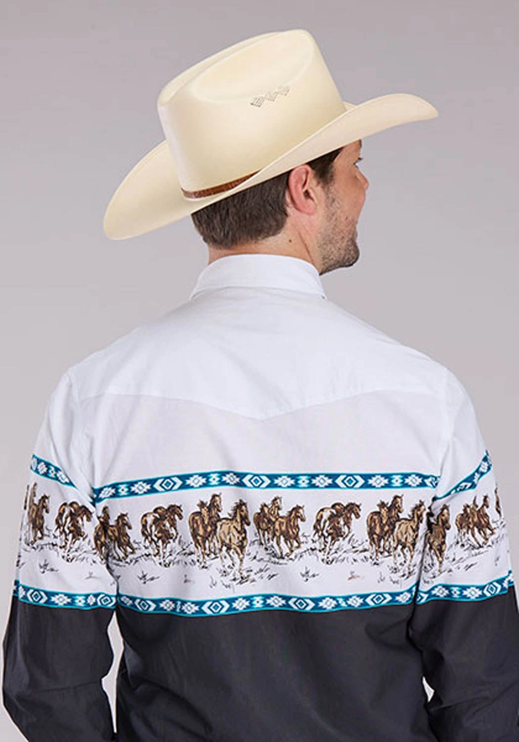 Ombre look Unique Design Roper Mens Running Horse Border Black 100% Cotton L/S Shirt