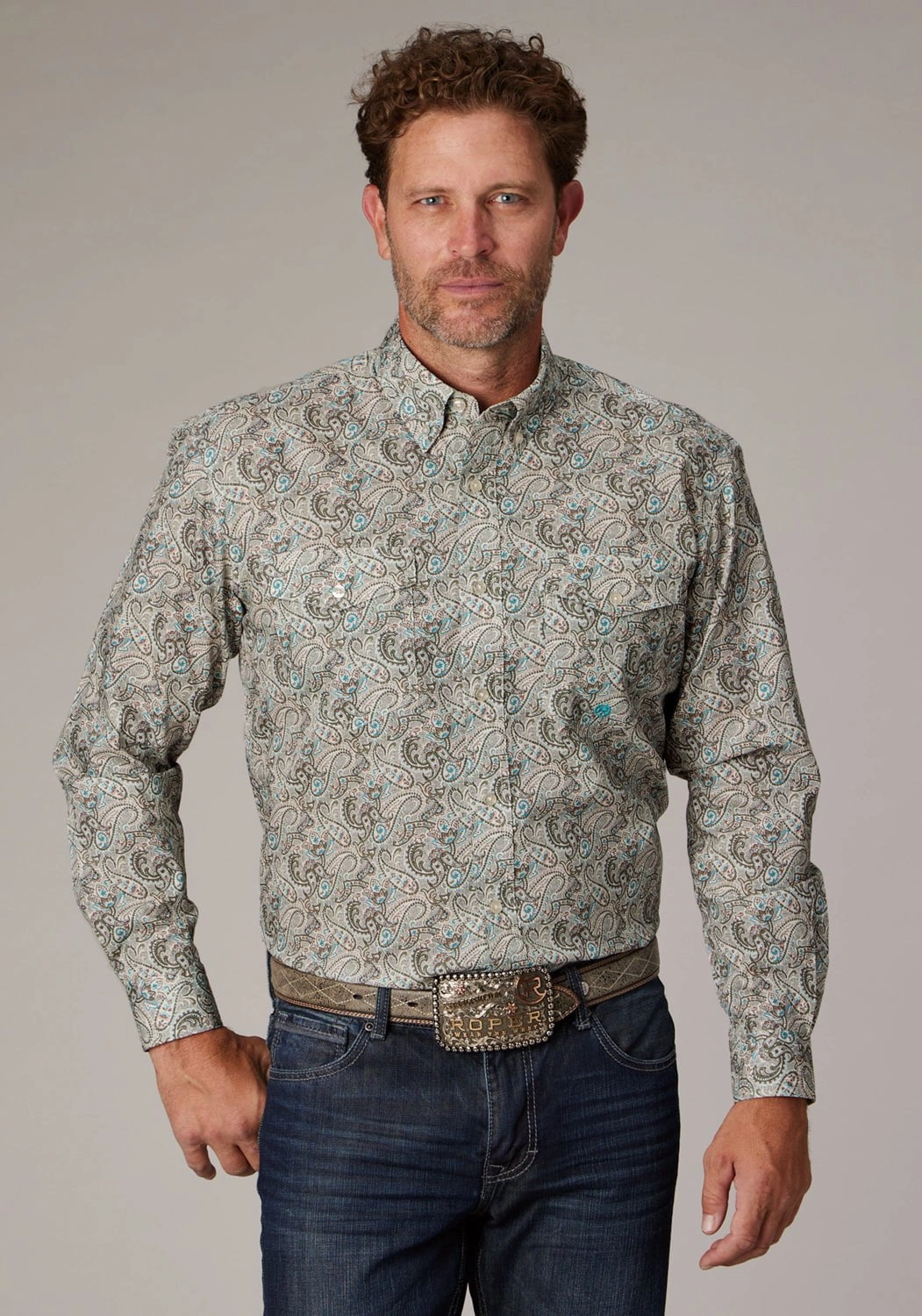 Geometric Shape Anti Cling Fabric Roper Mens Sand Dune Paisley Brown 100% Cotton Button L/S Shirt
