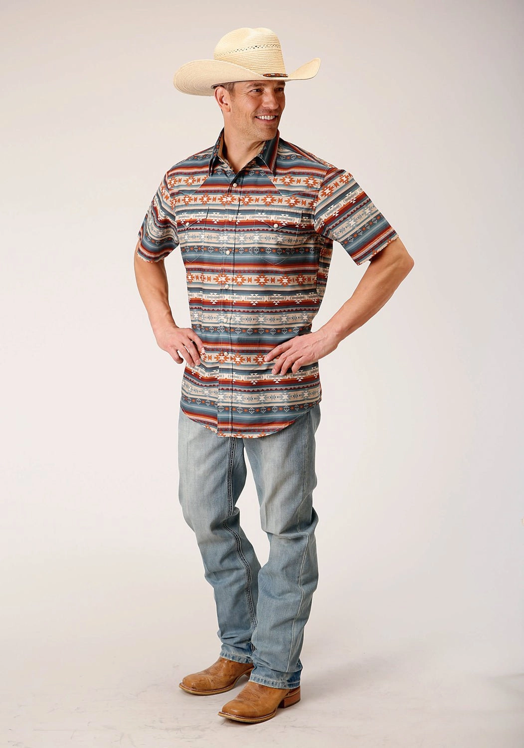 Roper Mens Sandstone Aztec Grey 100% Cotton S/S Shirt BBQ Party