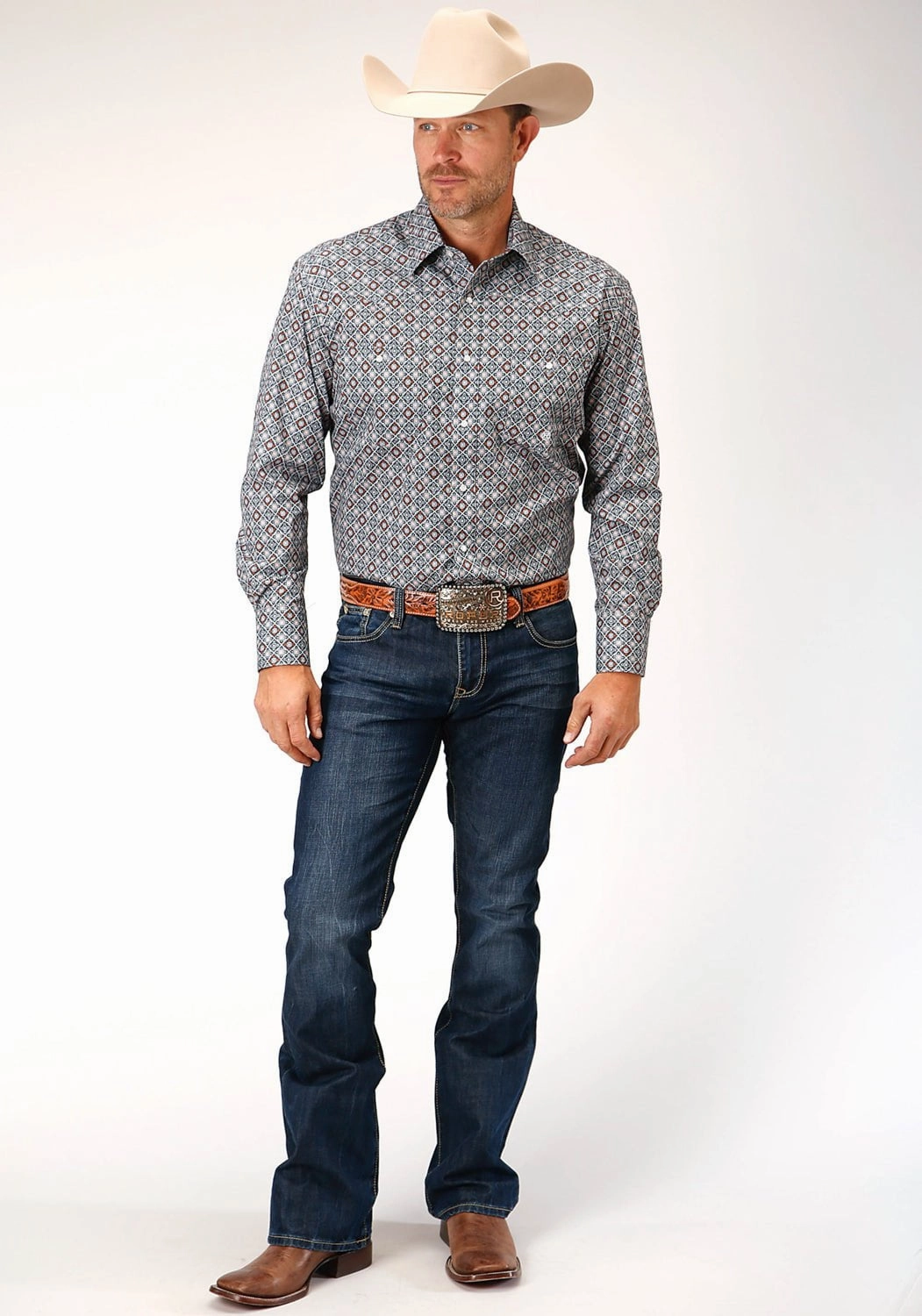 Anti Pill Treatment Roper Mens Silver Foulard Grey 100% Cotton Tall L/S Shirt