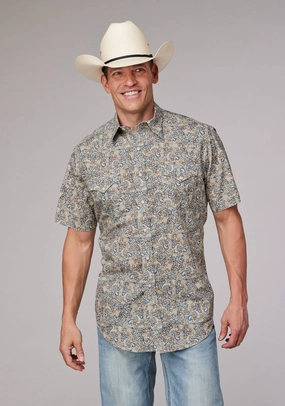 Roper Mens Sketchy Paisley Brown 100% Cotton S/S Shirt Festive Look