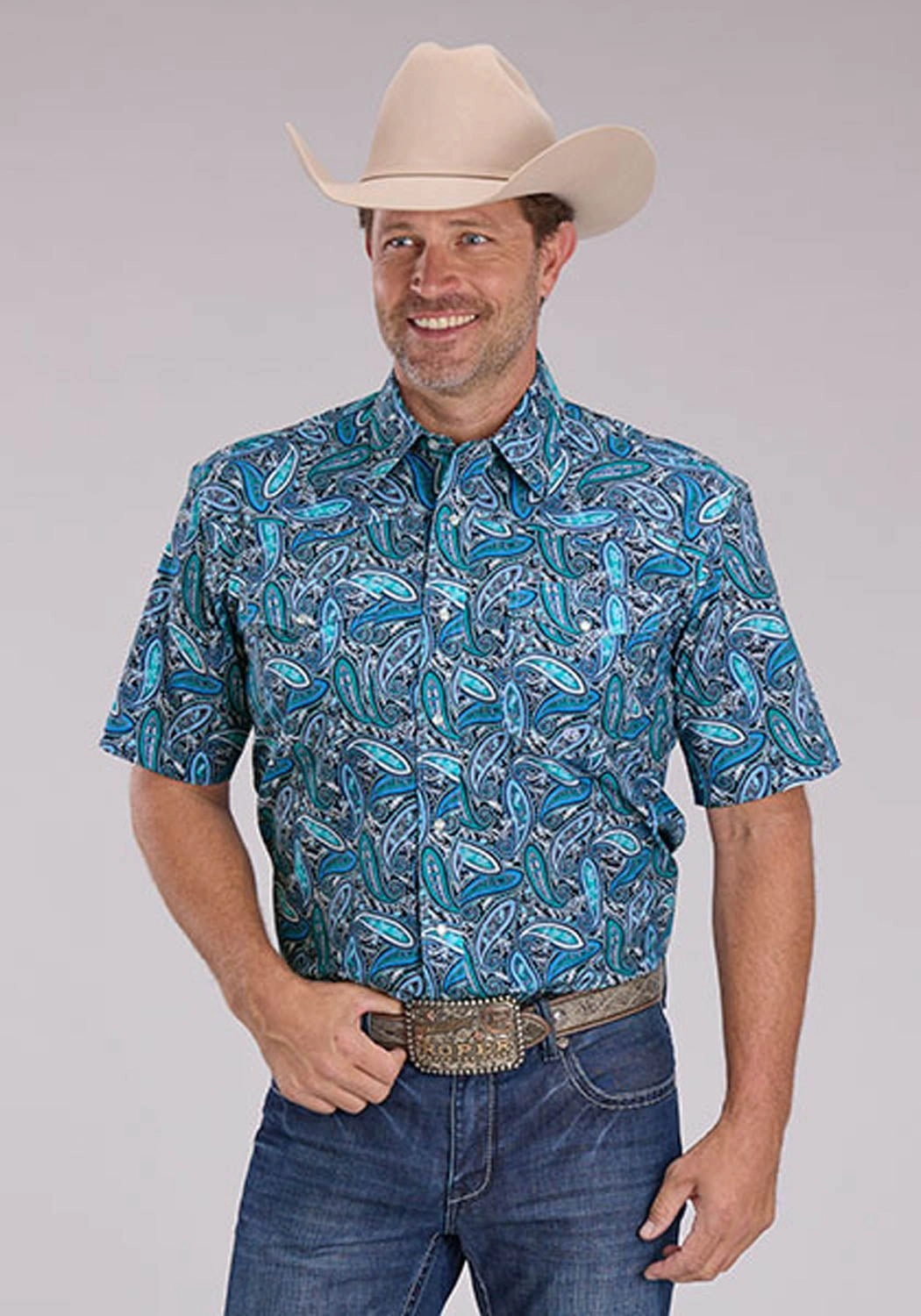 Rugged Style Roper Mens Sky Paisley Blue 100% Cotton S/S Shirt