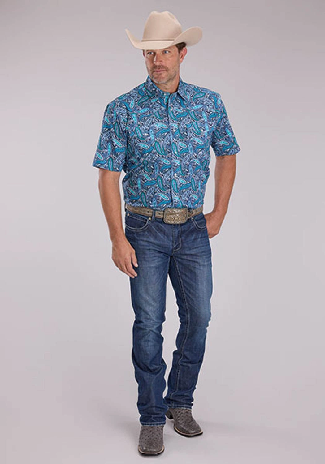 Button Down Design High-End Look Roper Mens Sky Paisley Blue 100% Cotton S/S Shirt
