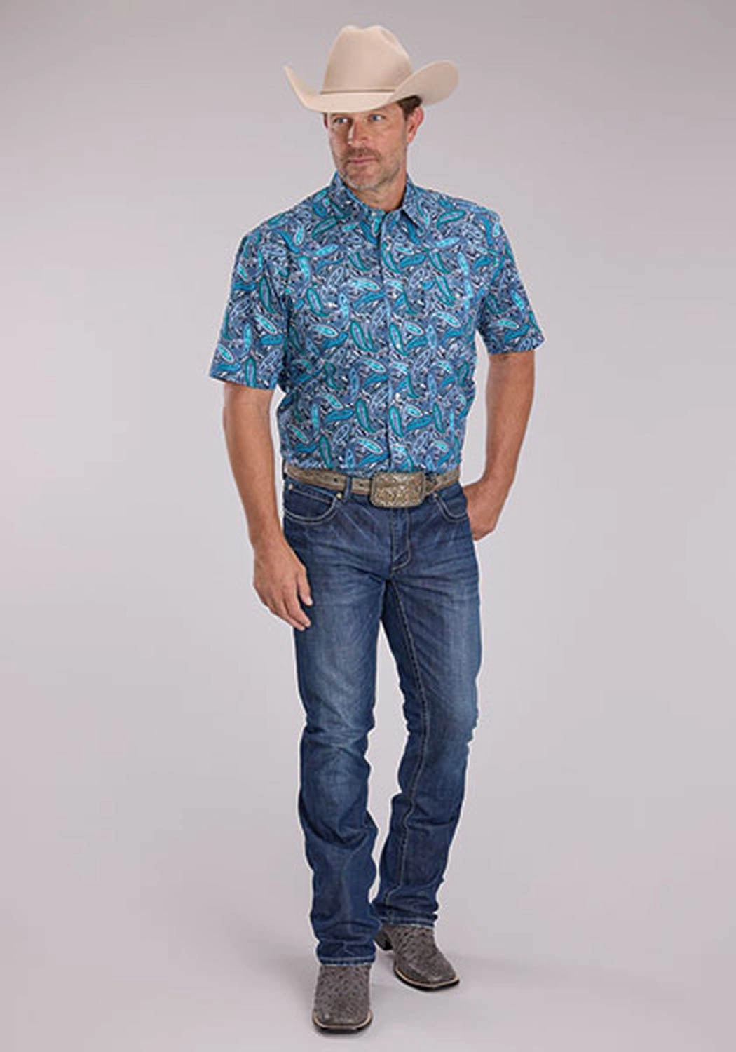 Roper Mens Sky Paisley Blue 100% Cotton S/S Shirt Minimalist Style Winter Comfort