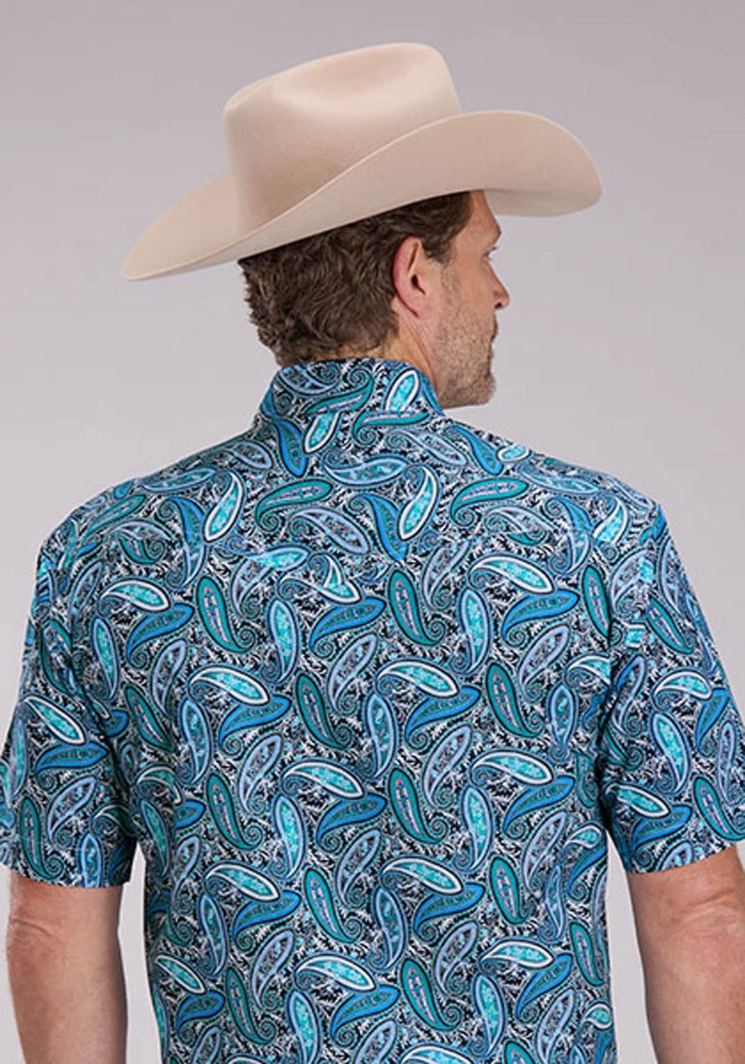 Roper Mens Sky Paisley Blue 100% Cotton S/S Shirt Lightweight Layer