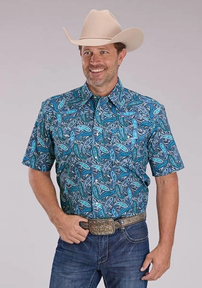 Rugged Style Roper Mens Sky Paisley Blue 100% Cotton S/S Shirt